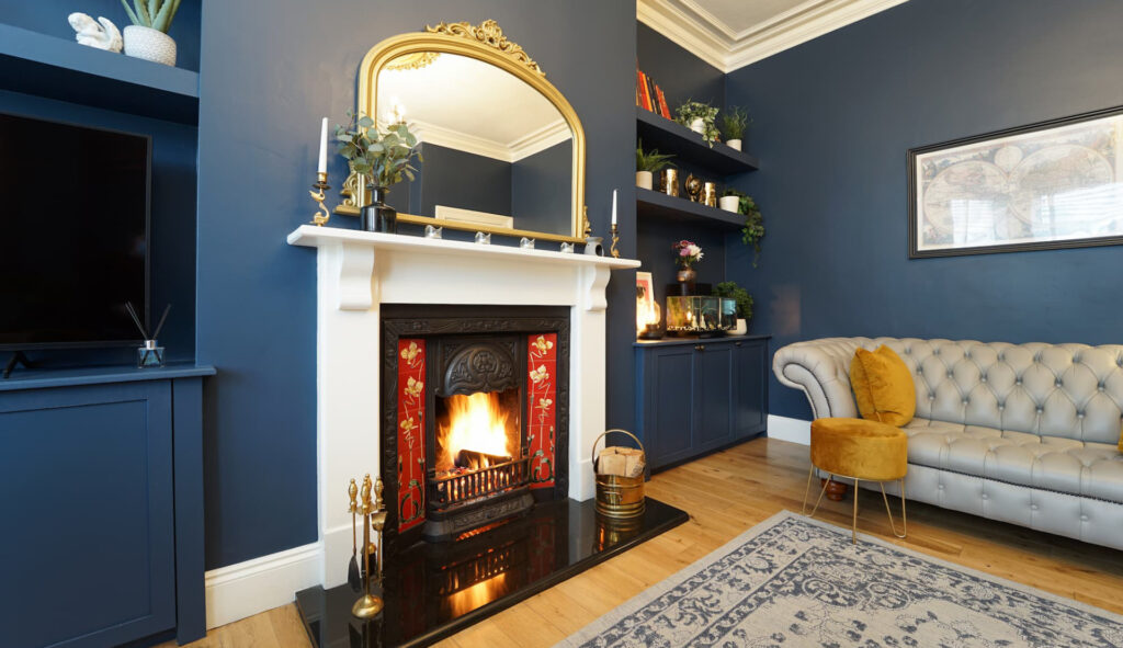 fireplace and sofa